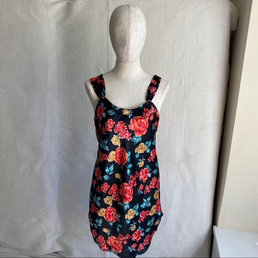 Vintage S M Floral Print Satin Slip Dress Chemise - Picture 2 of 8